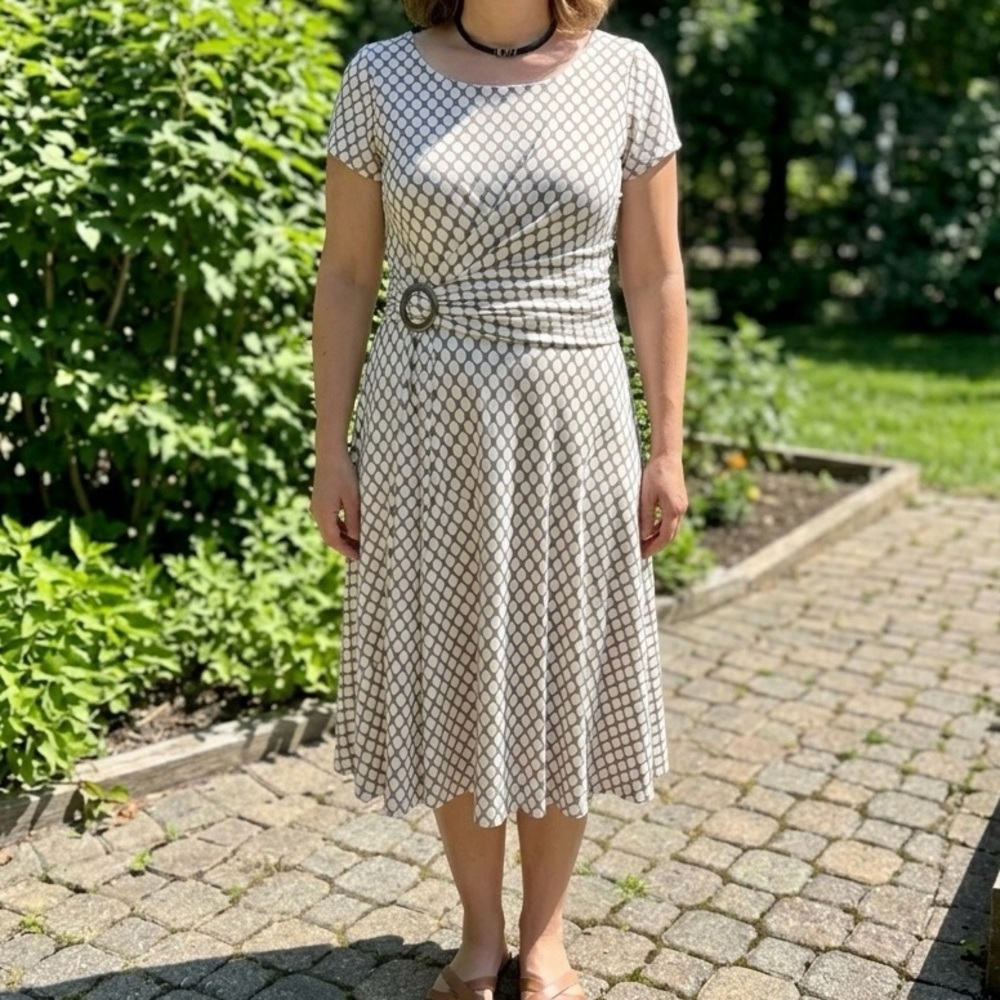 Perceptions New York Geometric Faux Wrap Midi Dress Buckle Accent Sz L LIKE NEW